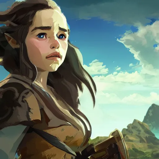 Prompt: emilia clarke in the art style of breath of the wild, dramatic lighting, digital art, intricate, highly detailed, matte painting, fine art