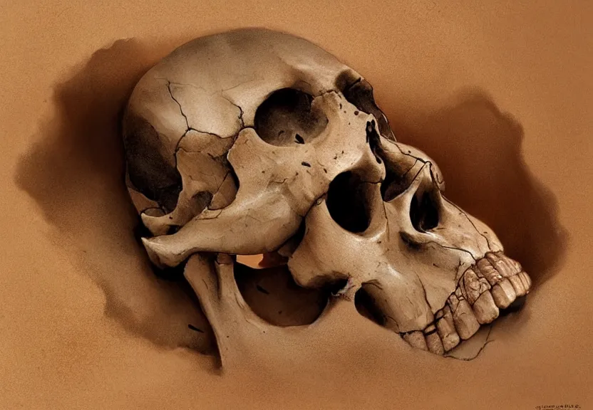 Image similar to close shot of a human skull buried in the sahara desert sand, a realistic digital painting by greg rutkowski and james gurney, trending on artstation, highly detailed