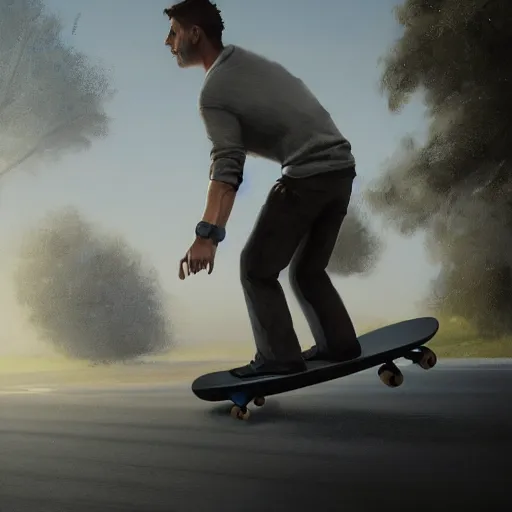 Image similar to a man skateboarding digital painting, artstation, concept art, soft light, hdri, smooth, sharp focus, illustration, intricate, elegant, highly detailed, matte painting, in the style of Greg Rutkowski, 8k, highly detailed