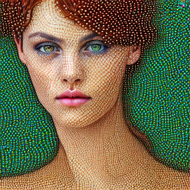 Prompt: a stunning detailed portrait of a woman with hazel eyes, shards of the afternoon falling down like broken stained glass or autumn leaves, hyperrealistic art nouveau, neural pointillism