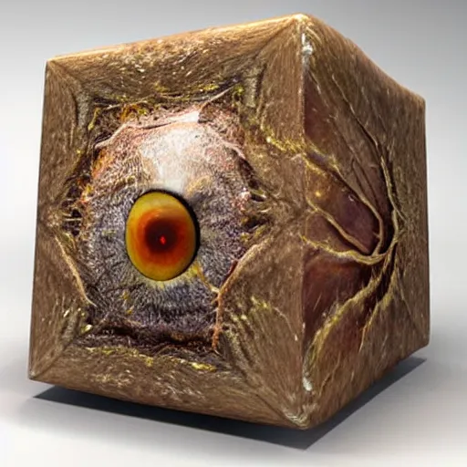 Prompt: ultra realistic cube made out of human skin, single big human eye coming out of the skin cube