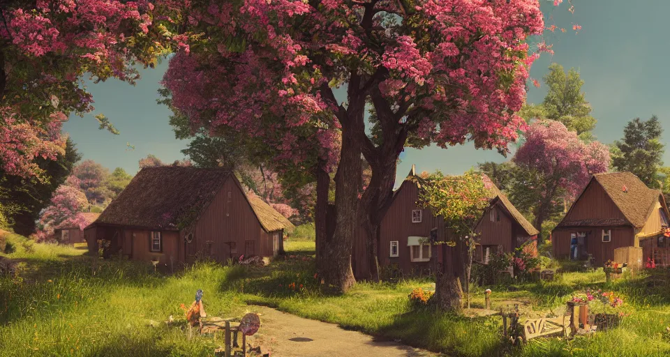 Image similar to a small village in the countryside on a sunny day, sun shining, shadows, flowers, trees, colourful wooden houses, Scandinavian style, trending on artstation, octane render, highly detailed, 70mm, cinematic, atmospheric, cute