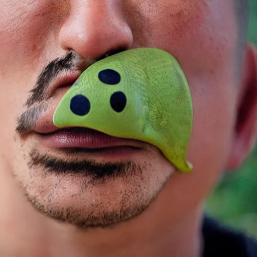 Prompt: a man wearing a Lizard snout on his face
