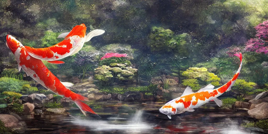 Image similar to giant koi fish flying through japanese garden, dim volumetric lighting, 8 k octane render, hdr, postprocessing, hyperdetailed, intricate, epic composition, cinematic lighting, masterpiece, trending on artstation, stunning art by anders zorn, extraordinary artwork by greg rutkowski