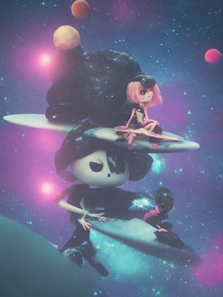 Image similar to cute fumo plush gothic maiden alien girl riding on a surfboard in the waves of the dark galactic abyss, splash, refractive optics, vignette, vray