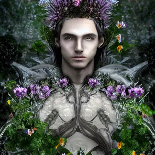 Prompt: half figure shot of a male angelic knight, stern face, clear eyes, shining sword, in a dark forest, shining armour made of steel and flowers, and fractal flowery hair in a fractal garden, glowing delicate flower, berries and ferns that grow in a dark fantasy forest, clear face, peaceful face,