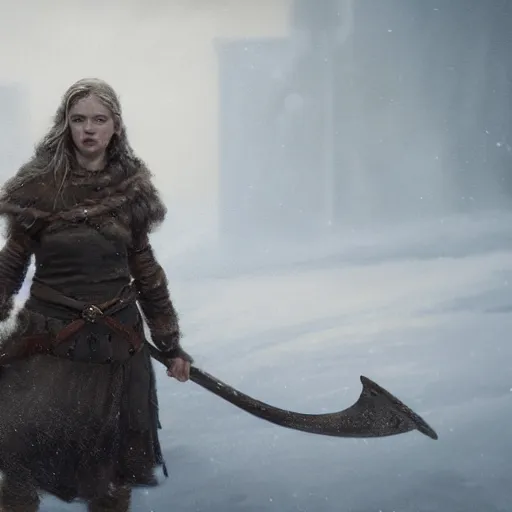 Image similar to an portrait of an female viking in blizzardy landscape, Matte painting , detailed painting, made by Greg Rutkowski, 4k resolution, atmospheric, breathtaking