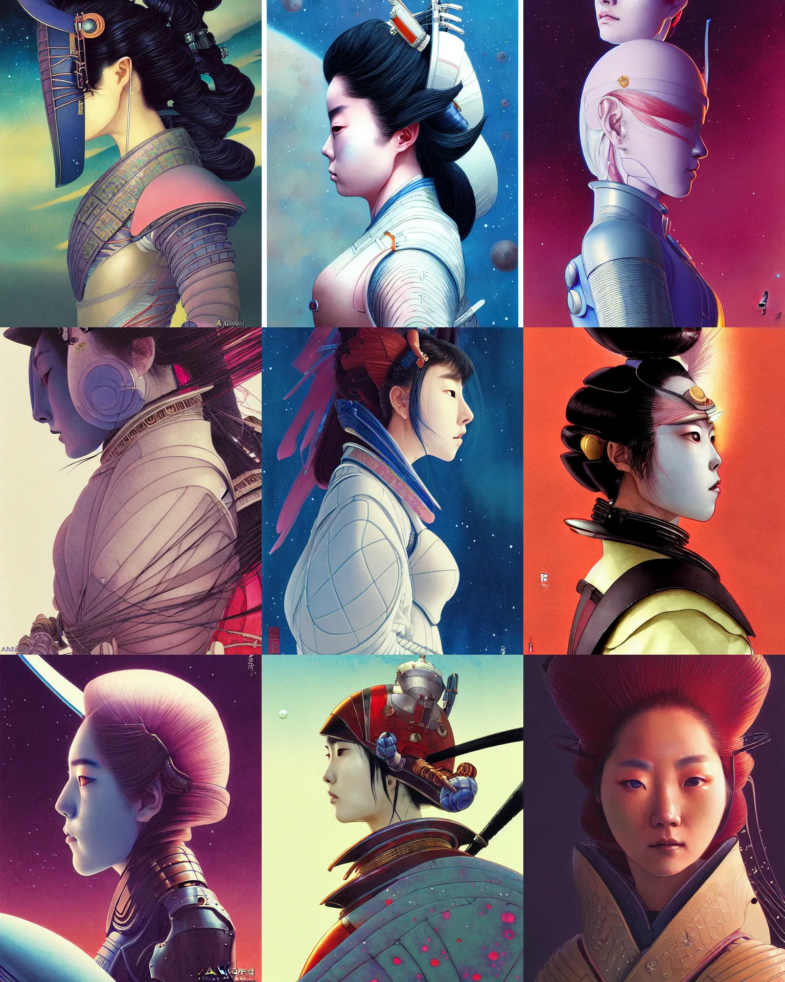Prompt: close - up side portrait of otherworldly samurai lee jin - eun in a seductive space suit, by amano yoshitaka, marc simonetti, jean giraud, martine johanna, josan gonzalez, beautiful, smooth, sharp focus, clean details, alluring