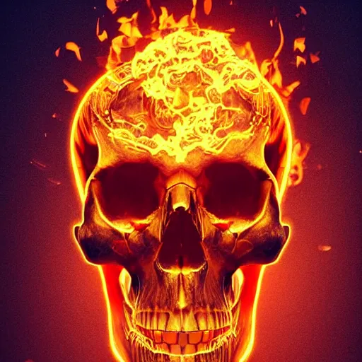 Image similar to a highly detailed human skull with intricate designs with fire for eyes on fire in front of a neon blue background, 3 d, colorful, octane render, symmetrical, hyper realism, highly detailed, digital art, artstation, concept art, cinematic lighting, strong bokeh, trending