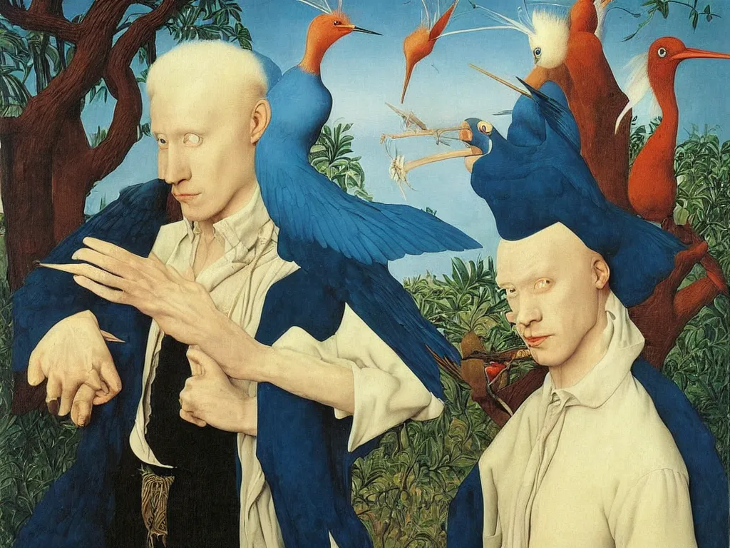 Image similar to Portrait of albino mystic with blue eyes, with exotic hoopoe. Painting by Jan van Eyck, Audubon, Rene Magritte, Agnes Pelton, Max Ernst, Walton Ford