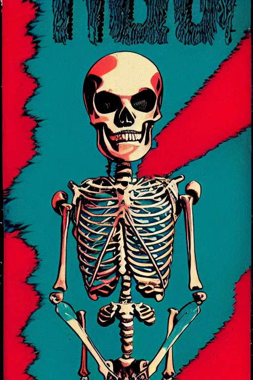 Image similar to 1970 book cover, cyborg skeleton, anaglyph,