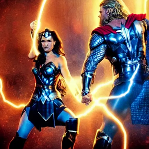 Image similar to thor and wonder woman in new york, fighting against villain electro, cinematic movie scene, epic fight, blue lightning, yellow lightning, photo, effects shot