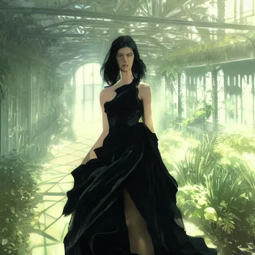 Image similar to portrait of a woman in a black dress standing in an elegant greenhouse garden, dramatic lighting, illustration by greg rutkowski, yoji shinkawa, 4 k, digital art, concept art, trending on artstation