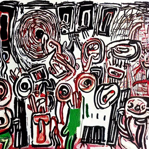 Prompt: inside a dark club, dancing, room is full of people, crowded, disco light, abstract expressionism, artwork by phillip guston