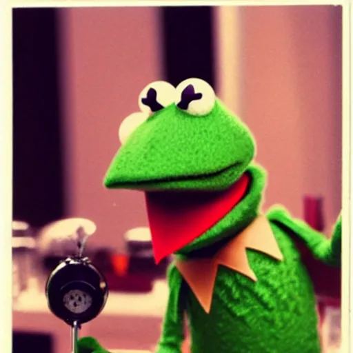 Image similar to kermit the frog smoking out of a bong in the movie ted, kermit the frog ripping a bong, polaroid photo