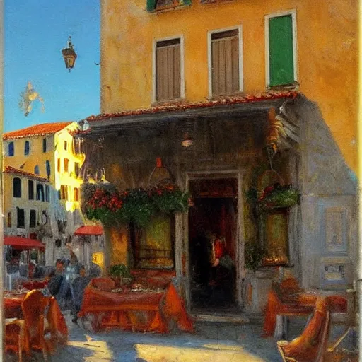 Prompt: italian restaurant in venice, sunny, shadows, richard schmid