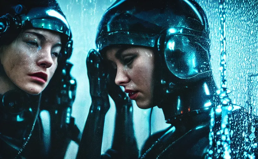 Image similar to cinestill 5 0 d candid photographic portrait by steven spielberg of two loving female androids sobbing wearing rugged black mesh techwear in treacherous waters, flooded city, medium closeup, retrofuturism cyberpunk moody emotional cinematic, pouring iridescent rain bright spotlight helicopter, 8 k, hd, high resolution, 3 5 mm, f / 3 2, ultra realistic faces, ex machina