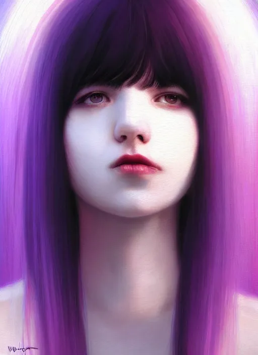 Image similar to hair whitebangs hair, black hair, whitebangs, portrait of teenage girl with white bangs, red irises, purple clothes, white bangs, bangs are different color from hair, intricate, elegant, glowing lights, highly detailed, digital painting, artstation, concept art, smooth, sharp focus, illustration, art by wlop, mars ravelo and greg rutkowski