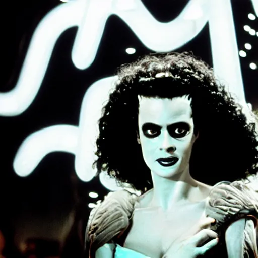 Image similar to cinematic portrait of bride of frankenstein as a replicant in a nightclub, still from the movie bladerunner, fashion photography, a neon sign is in the background