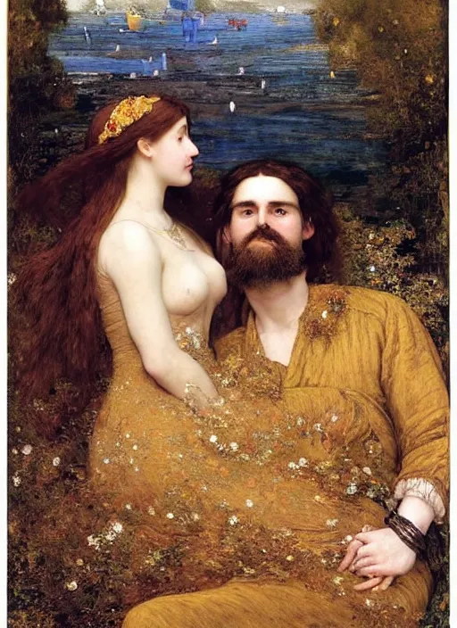 Prompt: masterpiece of intricately detailed preraphaelite photography couple portrait sat down, love, inside a beautiful underwater train, man long long hair beard wearing glasses, woman large lips eyes straight fringe, detailed realistic expressions, colourful unusual clothes yellow ochre, impressionistic crowd sat down in background by ford madox brown william powell frith frederic leighton john william waterhouse hildebrandt william morris