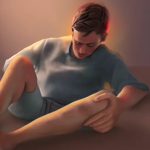 Prompt: a young man, short brown hair, with a broken leg, hyperrealism, volumetric light colorful painful