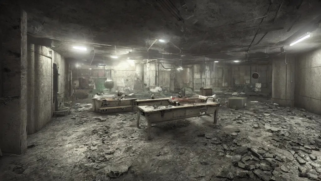 Image similar to a dark ransacked underground laboratory, photorealistic, cryengine 8 k uhd