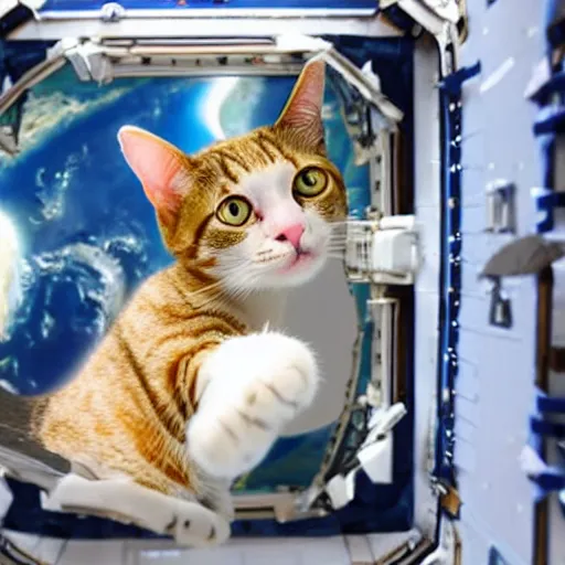 Image similar to Photo of a cat floating inside the International Space Station, realistic award-winning