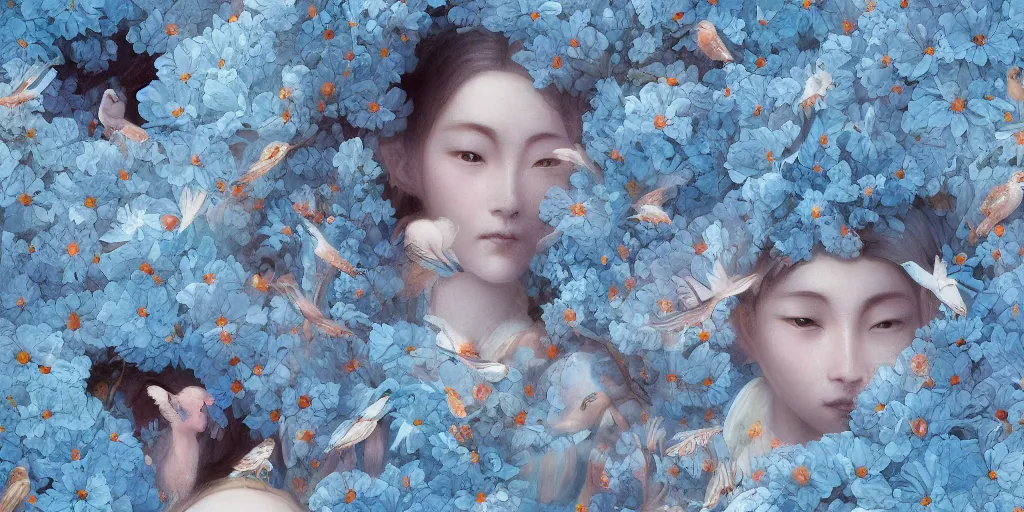 Image similar to breathtaking detailed concept art painting pattern of faces goddesses of light blue flowers with anxious piercing eyes and blend of flowers and birds, by hsiao - ron cheng and john james audubon, bizarre compositions, exquisite detail, extremely moody lighting, 8 k