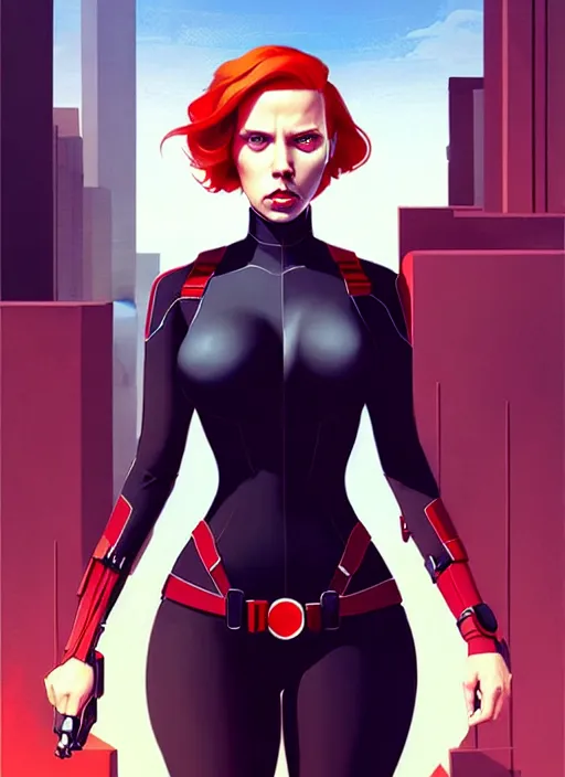 Image similar to peter mohrbacher, phil noto, artgerm, pretty scarlett johansson black widow, symmetrical eyes, long red hair, full body, city rooftop