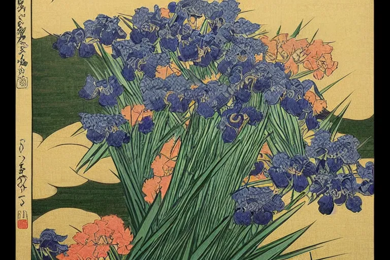 Image similar to an amazing ukiyo - e drawing of a scene with irises by katsushika hokusai, utagawa kuniyoshi and utagawa hiroshige and van gogh, masterpiece, hyperdetailed!!!, intricate, complex, closeup, 4 k