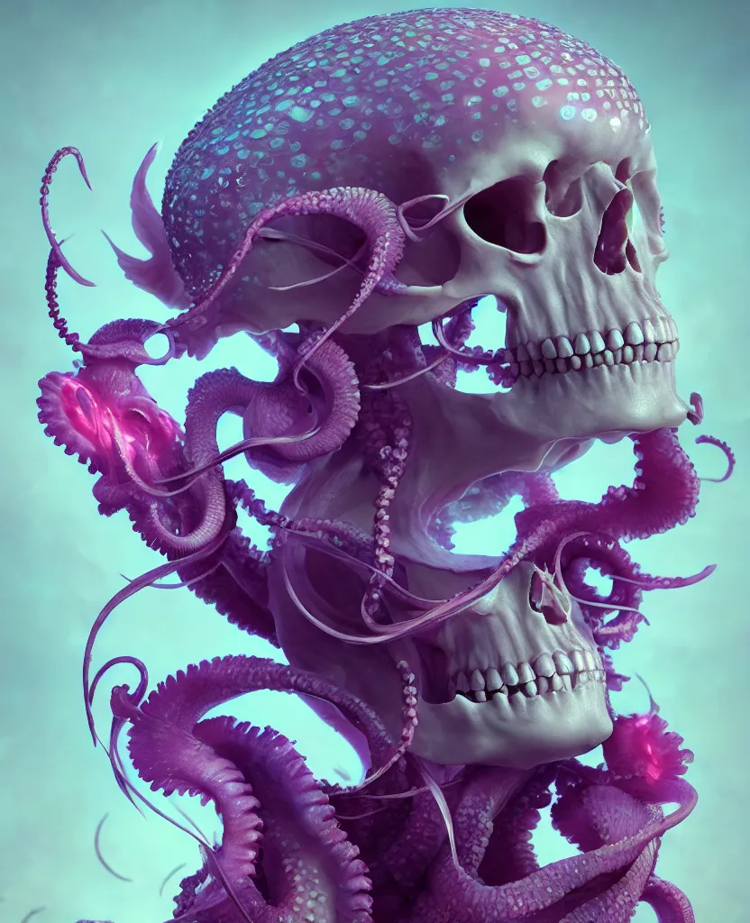 Image similar to goddess close - up portrait human skull, ram skull, squid phoenix jellyfish, orchid, betta fish, bioluminiscent, intricate artwork by tooth wu and wlop and beeple. octane render, trending on artstation, greg rutkowski very coherent symmetrical artwork. cinematic, hyper realism, high detail, octane render, 8 k