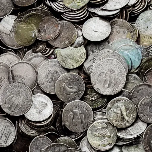 Image similar to a picture of a pile of coins underwater, it is raining, 50mm