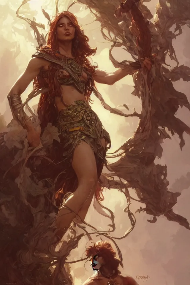 Prompt: female druid, muscular, fantasy, D&D, portrait, highly detailed, digital painting, artstation, concept art, sharp focus, illustration, art by artgerm and greg rutkowski and alphonse mucha