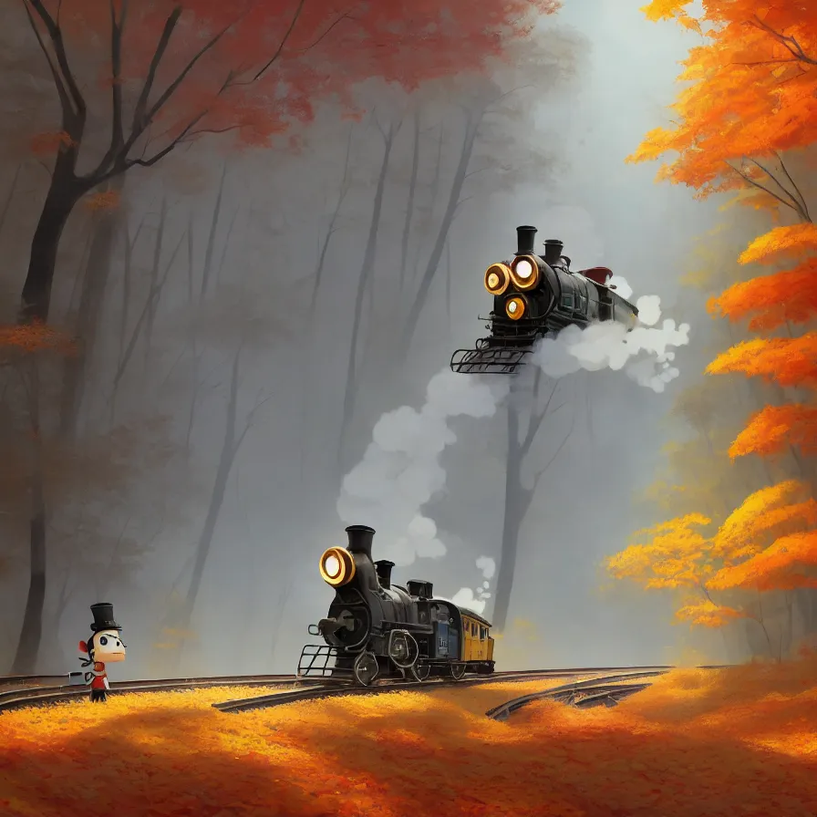Image similar to Goro Fujita illustrating An antique steam train with a large white cloud coming out of the chimney travels through a beautiful autumn forest along the railroad tracks, art by Goro Fujita, concept art, sharp focus, ArtStation