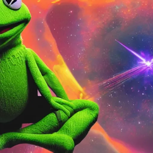 Image similar to the avengers battle one kermit the frog in space, galaxy, hd, 8 k, explosions, gunfire, lasers, giant, epic, showdown, colorful, realistic photo, unreal engine, stars, prophecy, epic oil painting, powerful, diffused lighting, destroyed planet, debris, justice league, movie poster, violent, sinister, ray tracing, dynamic, print