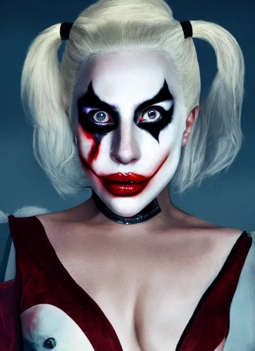 Image similar to portrait of Lady Gaga portraying a realistic Harley Quinn with little makeup in the movie Joker 2023, dramatic cinematic lighting, extremely detailed facial features, award winning photograph by Annie Leibovitz, 8k