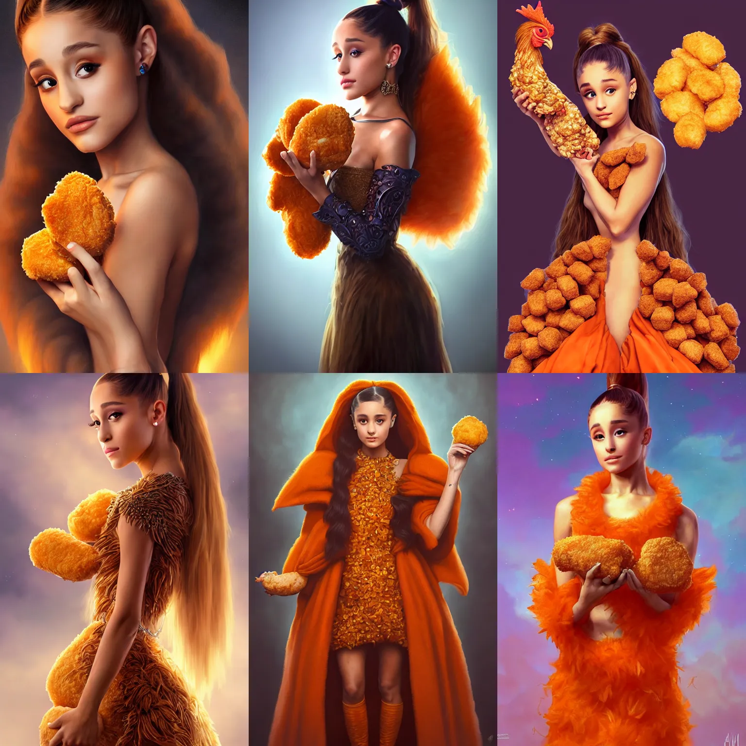 Prompt: ultrarealistic fantasy portrait queen ariana grande holding a chicken nugget, orange dress made out of ( chicken nuggets ) ( chicken nugget ) mantle gothic ( chicken nugget ) cloak with intricate details, fantasy character octane render, cinematic lighting, volumetric lighting, artstation, dnd art, cgsociety, sharp focus, digital painting by artgerm, gerald brom, wlop