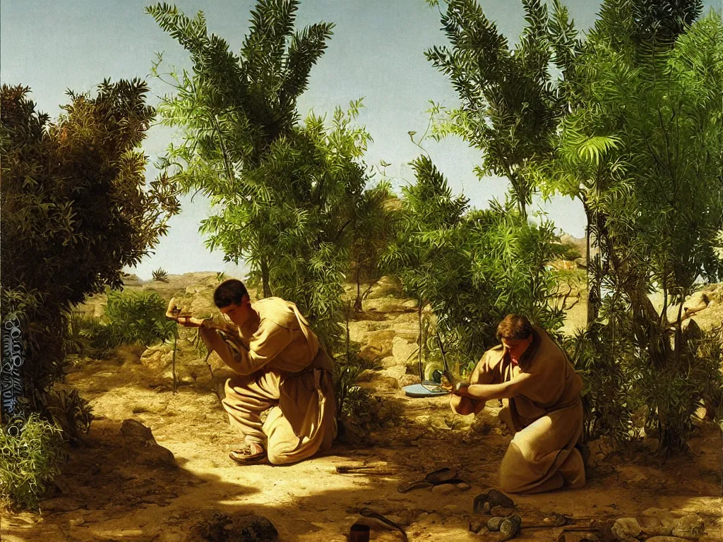 Image similar to portrait of kneeling painter washing his brush in a desert oasis, ferns. painting by georges de la tour