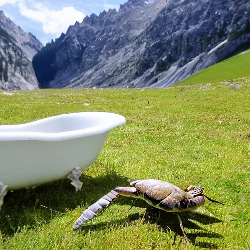 Image similar to dragonfly in a bathtub in the alps, sheep!!! in background