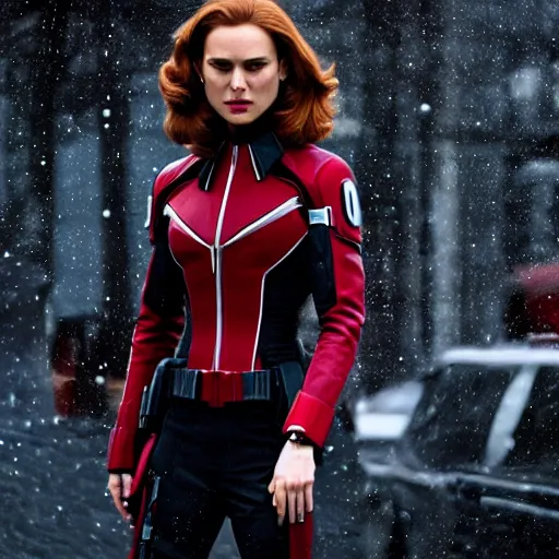 Image similar to Natalie Portman as Natasha Romanoff (The Black Widow), dramatic cinematic portrait, rain