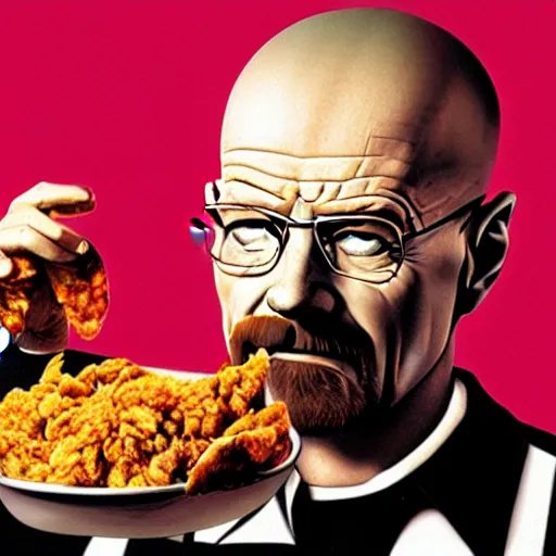 Prompt: Walter White eating fried chicken with pink sauce