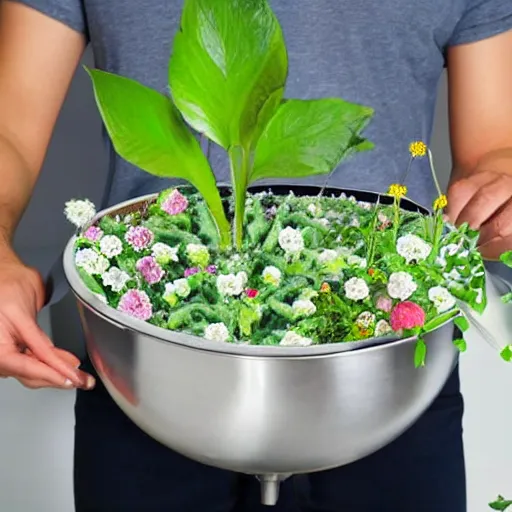 Image similar to a hand held kitchen mixer mixing plants, trees, and flowers forming a tornado in a large bowl