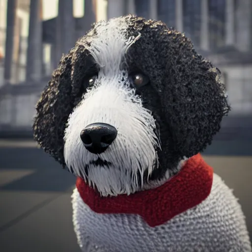 Image similar to a closeup photorealistic illustration of a smiling knitted bernedoodle judge dog dressed in a black gown, presiding over the courthouse. this 4 k hd image is trending on artstation, featured on behance, well - rendered, extra crisp, features intricate detail, epic composition and the style of unreal engine.