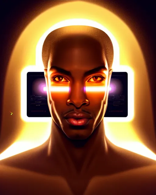 Image similar to symmetry!! egyptian prince of technology, solid cube of light, hard edges, product render retro - futuristic poster scifi, lasers and neon circuits, brown skin man egyptian prince, intricate, elegant, highly detailed, digital painting, artstation, concept art, smooth, sharp focus, illustration, dreamlike, art by artgerm