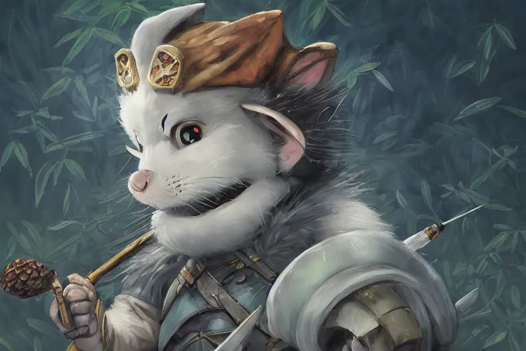 Image similar to dungeons and dragons fantasy painting, portrait of an ashigaru mouse rifleman, whimsical and cute, determined expression, watery eyes, anime inspired by krenz cushart, light grey fur, tufty whiskers, feathered arrows, bamboo forest, dawn lighting, by brian froud jessica rossier and greg rutkowski