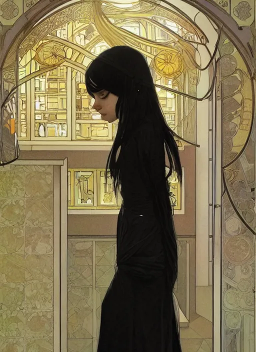 Image similar to a lonely young girl with straight long black hair wearing black dress that sitting on bathroom floor, art by artgem, greg rutkowski and alphonse mucha