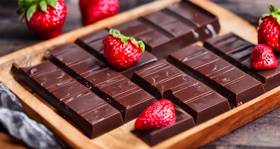 Image similar to A gourmet dark chocolate bar, next to sliced strawberries, on a wooden tray, macro lens product photo