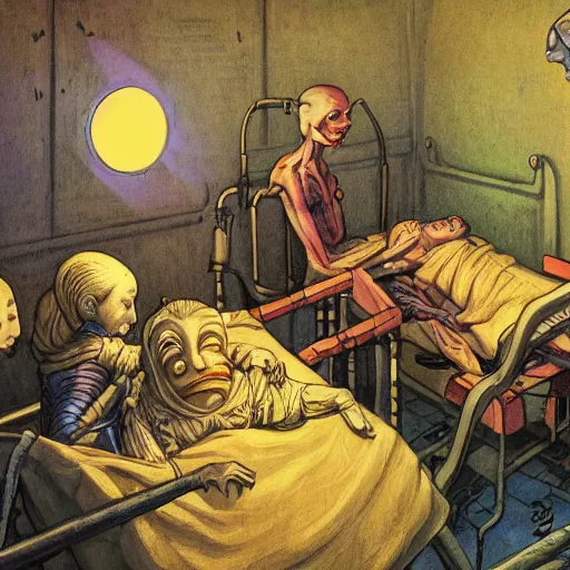 Image similar to medieval extraterrestrial villagers at bedside of severely injured unconscious short - haired blond woman, colorful, dramatic lighting, illustration, fantastic planet, ron cobb, mike mignogna, jim henson creature shop, science fiction, detailed painting, high detail, coherent, rough paper