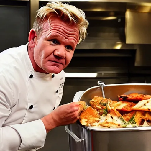 Prompt: gordon ramsay eating the food from trash bin caught on camera