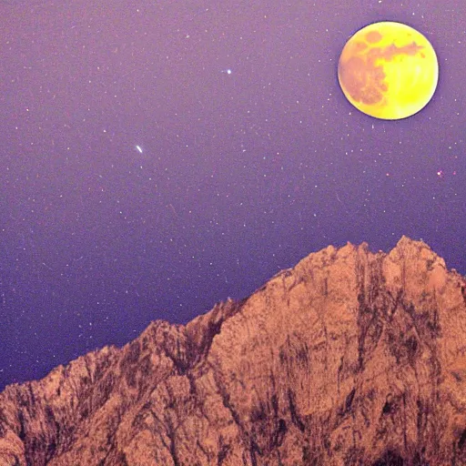 Image similar to view of the night sky above mountains, very large moon covering most of the sky, dark, purple hues